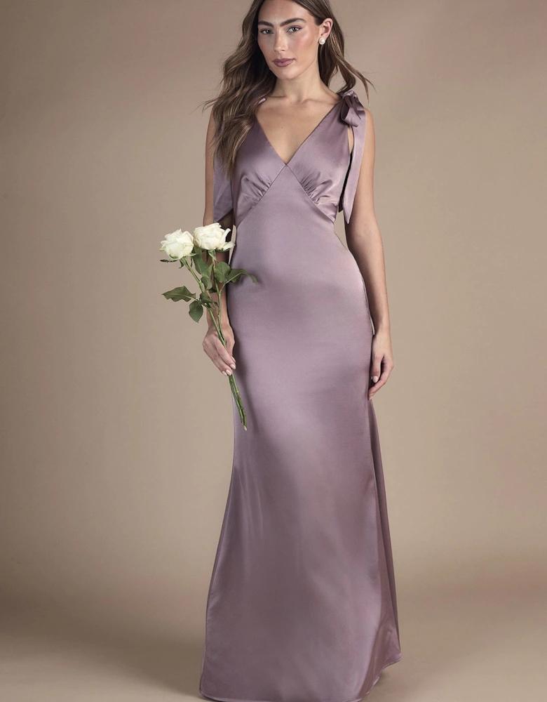 Honoured Satin Back Crepe V Neck Tie Shoulder Maxi Bridesmaid Dress