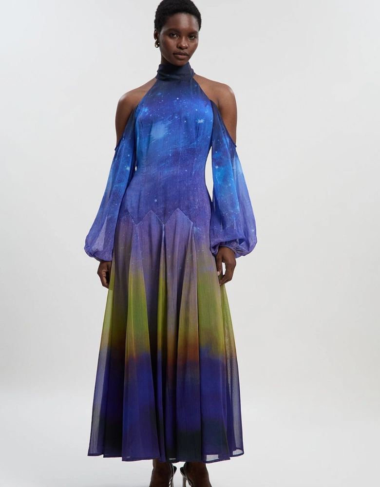 Cosmic Cold Shoulder Woven Maxi Dress