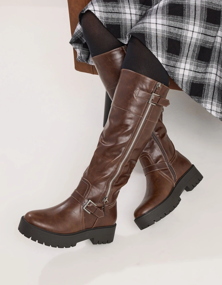 Faux Leather Chunky Knee High Boots In Standard Fit