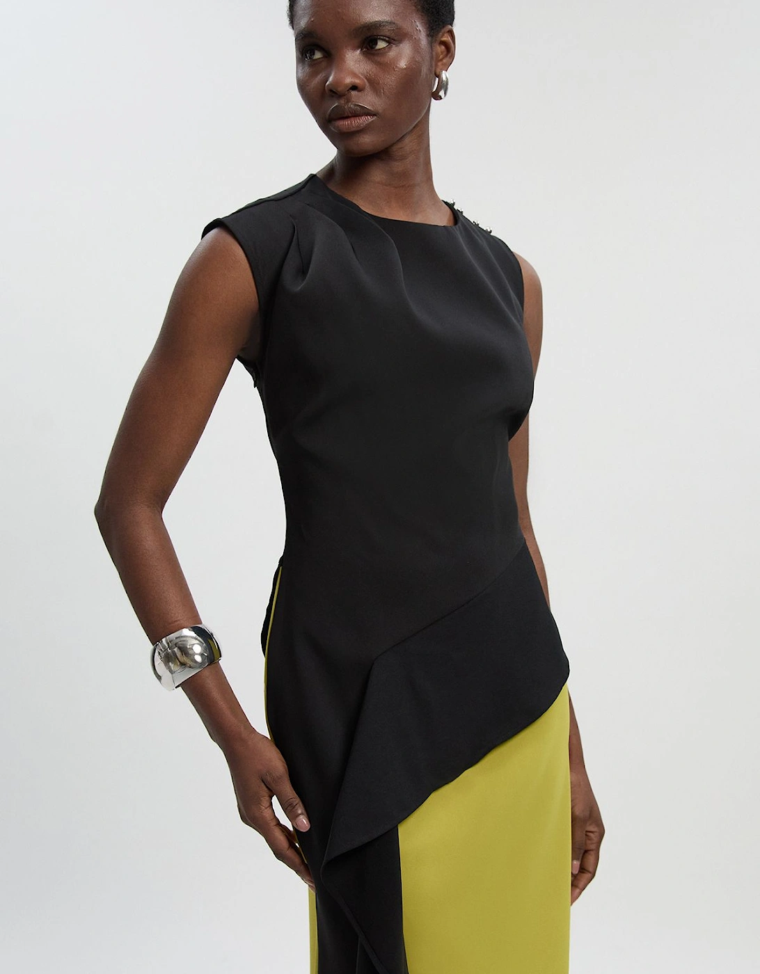 Petite Soft Tailored Asymmetric Neck Draped Waist Detail Midi Dress, 2 of 1