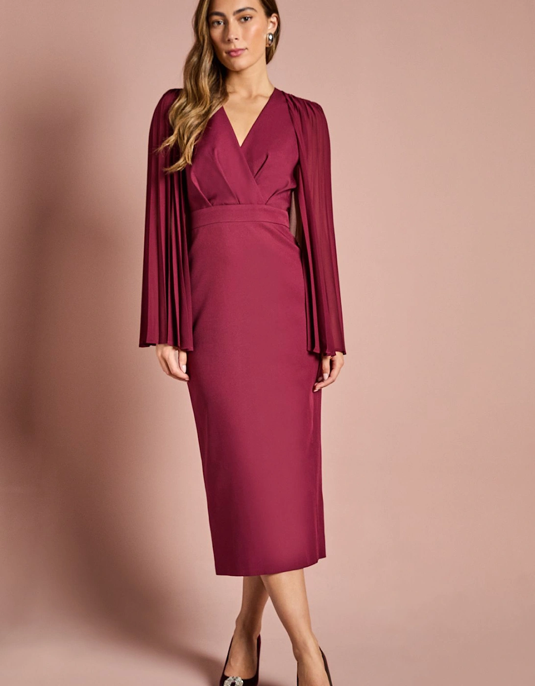 Pleated Cape Sleeve Crepe Pencil Midi Dress, 2 of 1