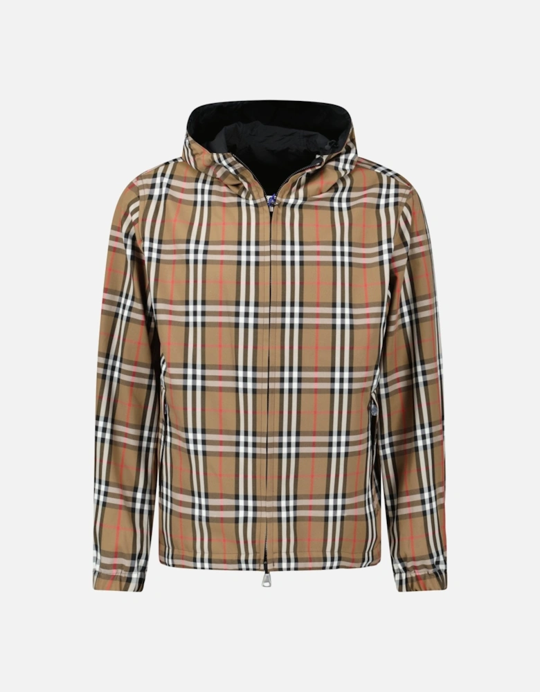 'Stanford' Zip-Up Check Reversible Hooded Jacket Black & Check