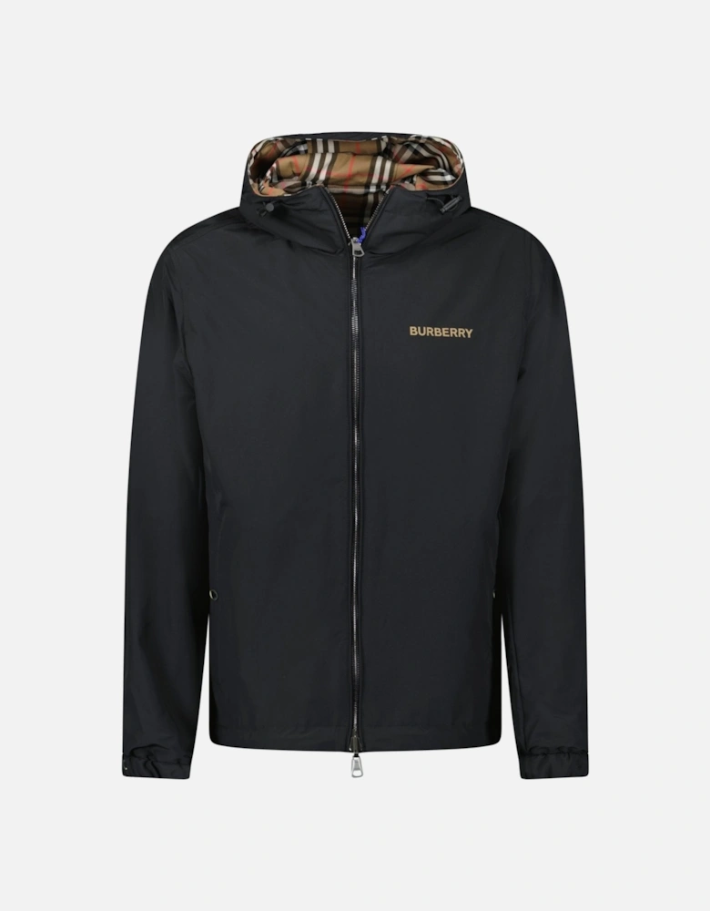 'Stanford' Zip-Up Check Reversible Hooded Jacket Black & Check