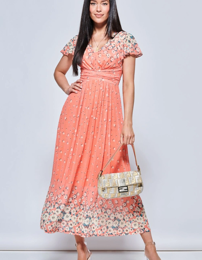 Mirrored Floral Print Mesh Maxi Dress