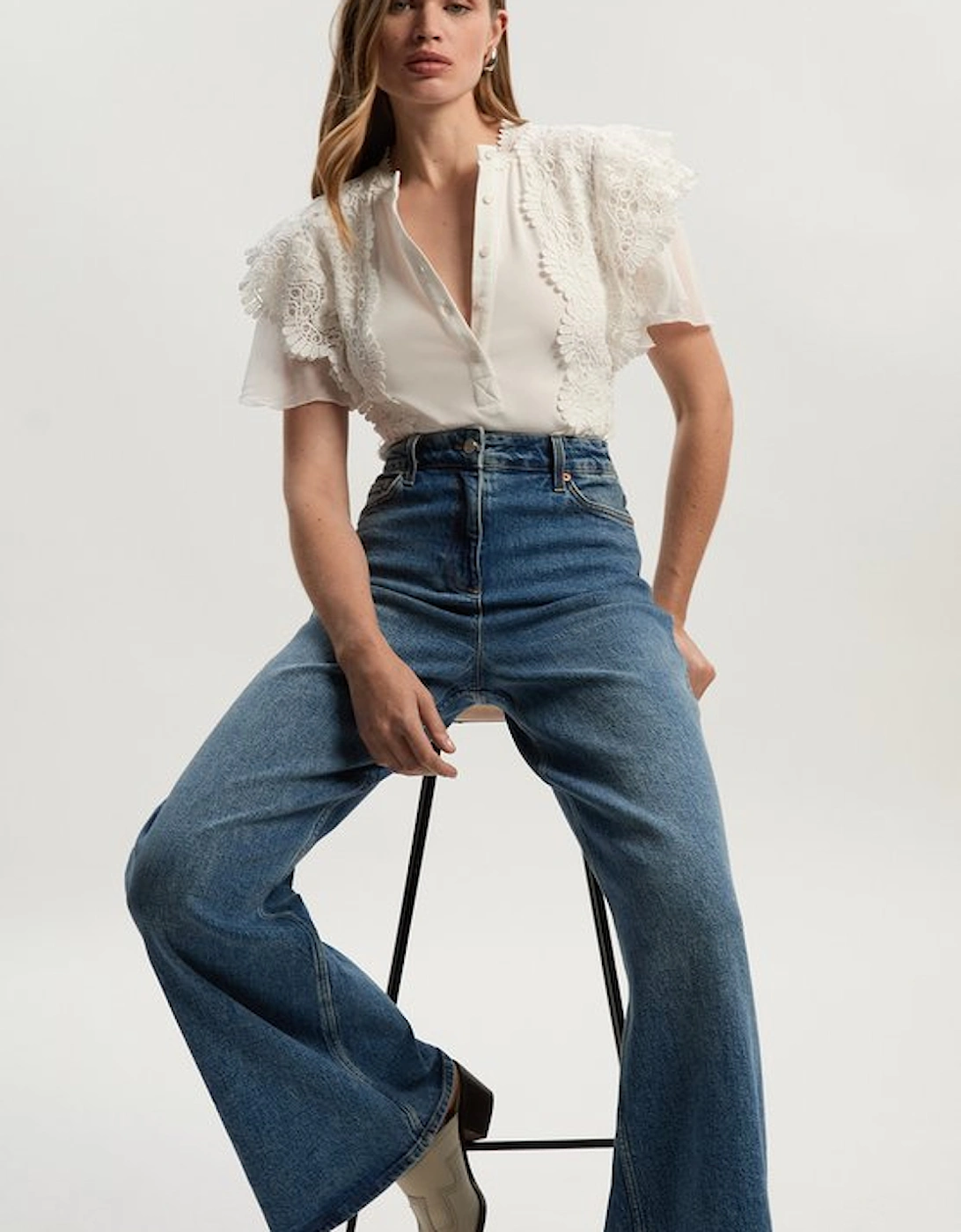 Guipure Lace Trim Ribbed Button Detail Jersey Bodysuit