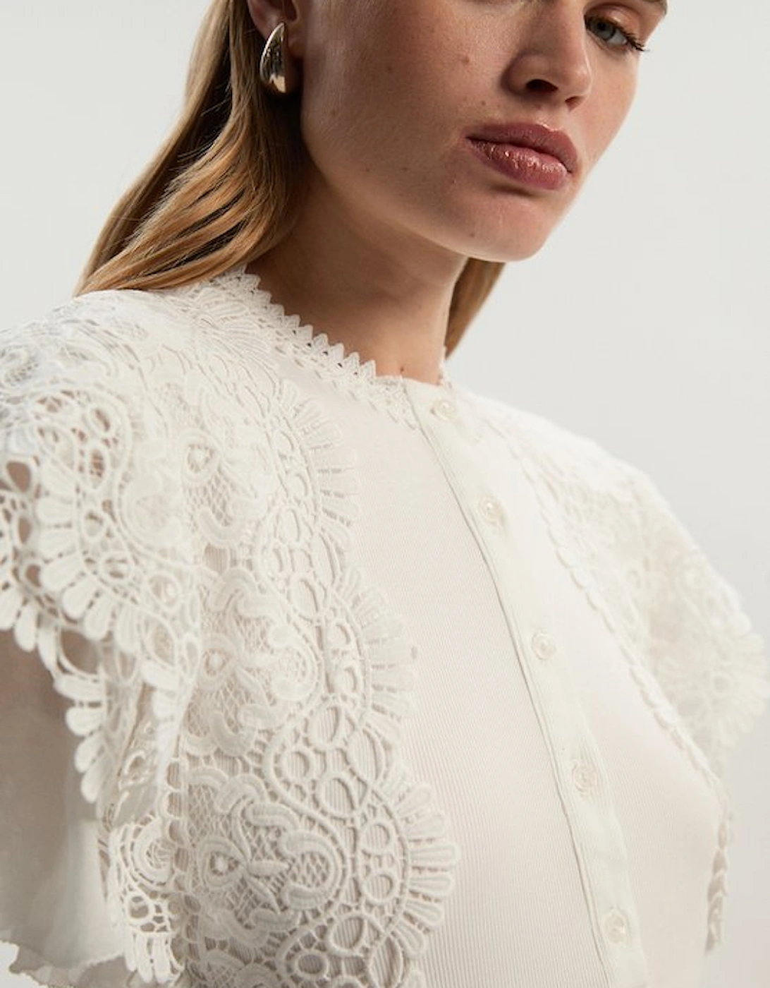 Guipure Lace Trim Ribbed Button Detail Jersey Bodysuit