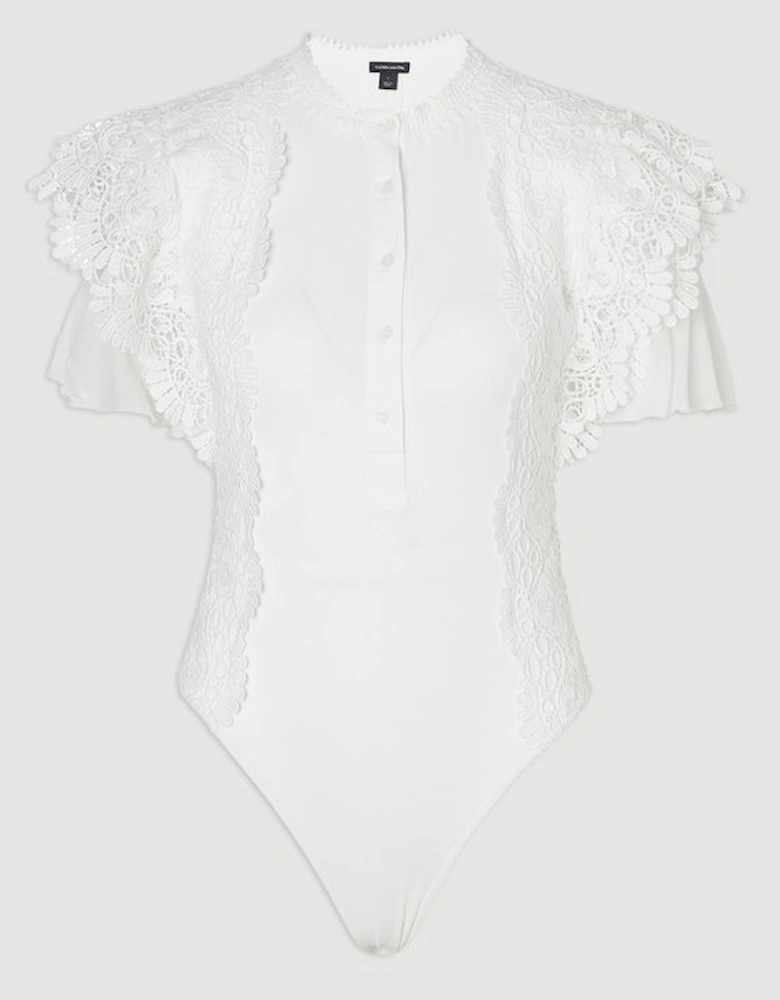 Guipure Lace Trim Ribbed Button Detail Jersey Bodysuit