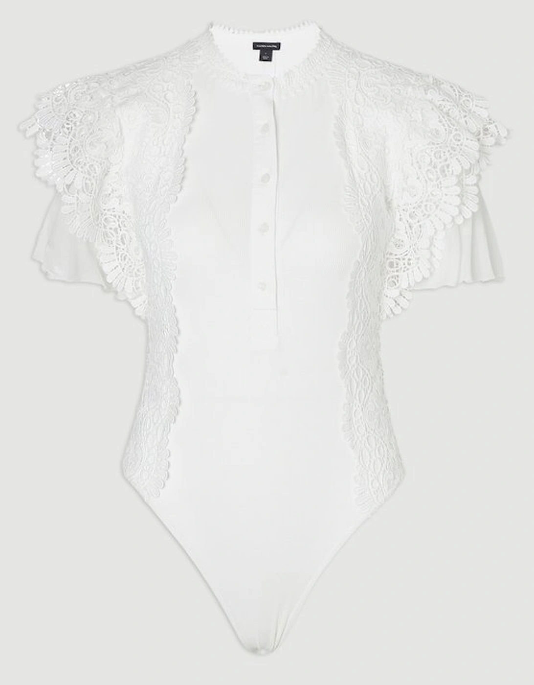Guipure Lace Trim Ribbed Button Detail Jersey Bodysuit