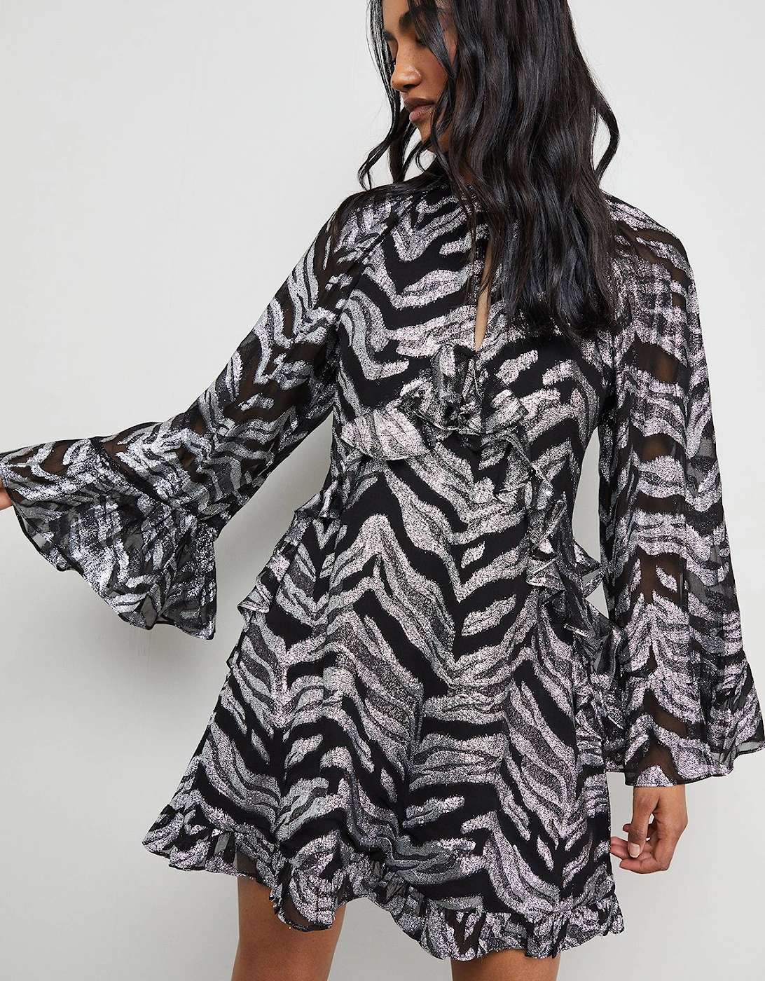 Flippy Hem Volume Sleeve Viscose Zebra Jacquard Dress, 2 of 1