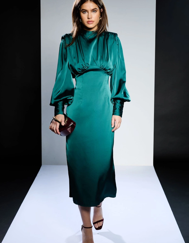 High Neck Long Sleeve Satin Midi Dress