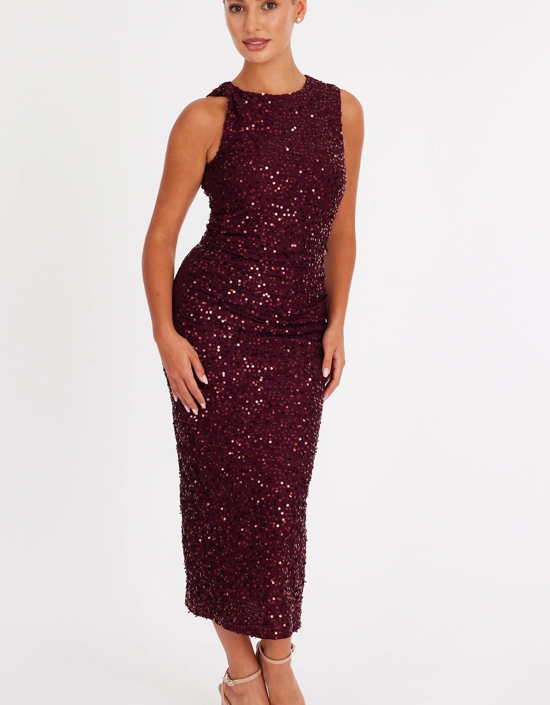 Red Petite Sequin Ruched Midaxi Dress, 2 of 1