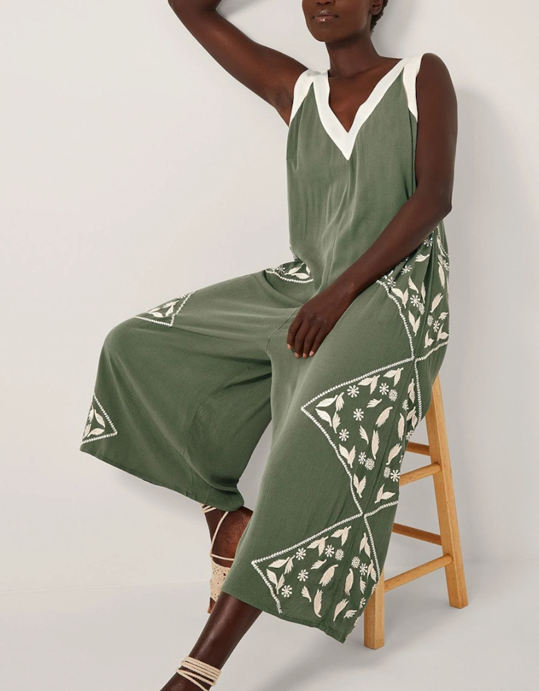 Rhea Embroidered Culotte Romper Green