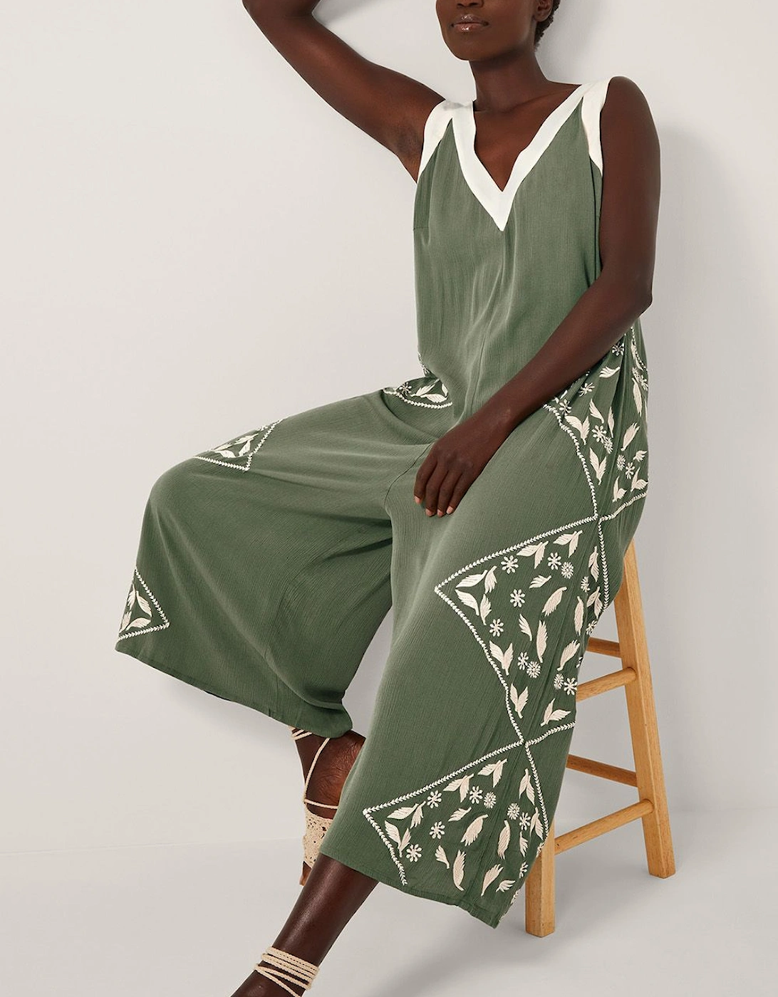 Rhea Embroidered Culotte Romper Green, 2 of 1