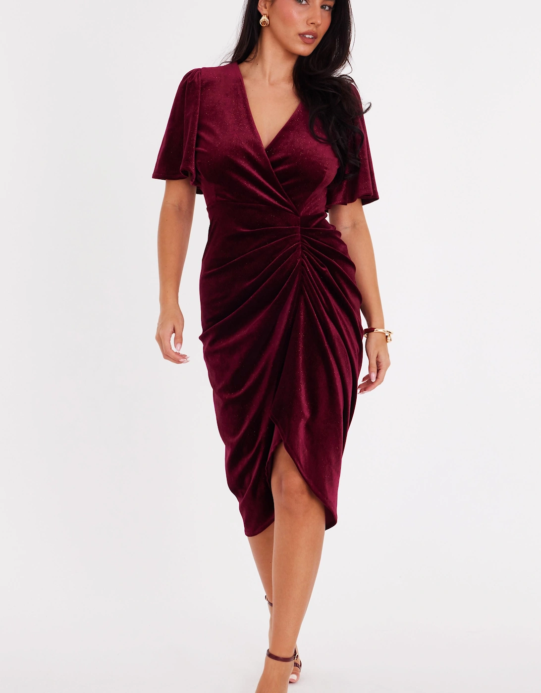 Wine Glitter Velvet Wrap Midi Dress, 2 of 1