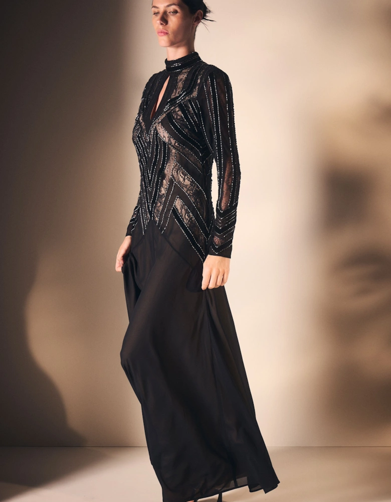 Velvet Embellished Long Sleeve Maxi Dress