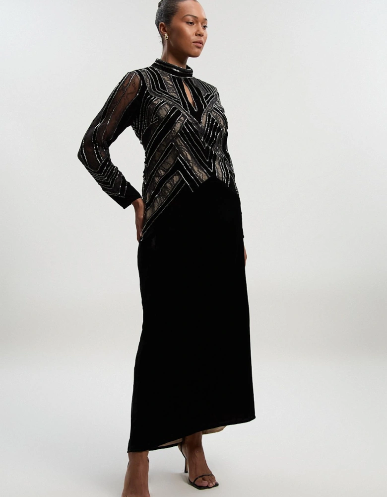 Plus Size Velvet Embellished Long Sleeve Maxi Dress