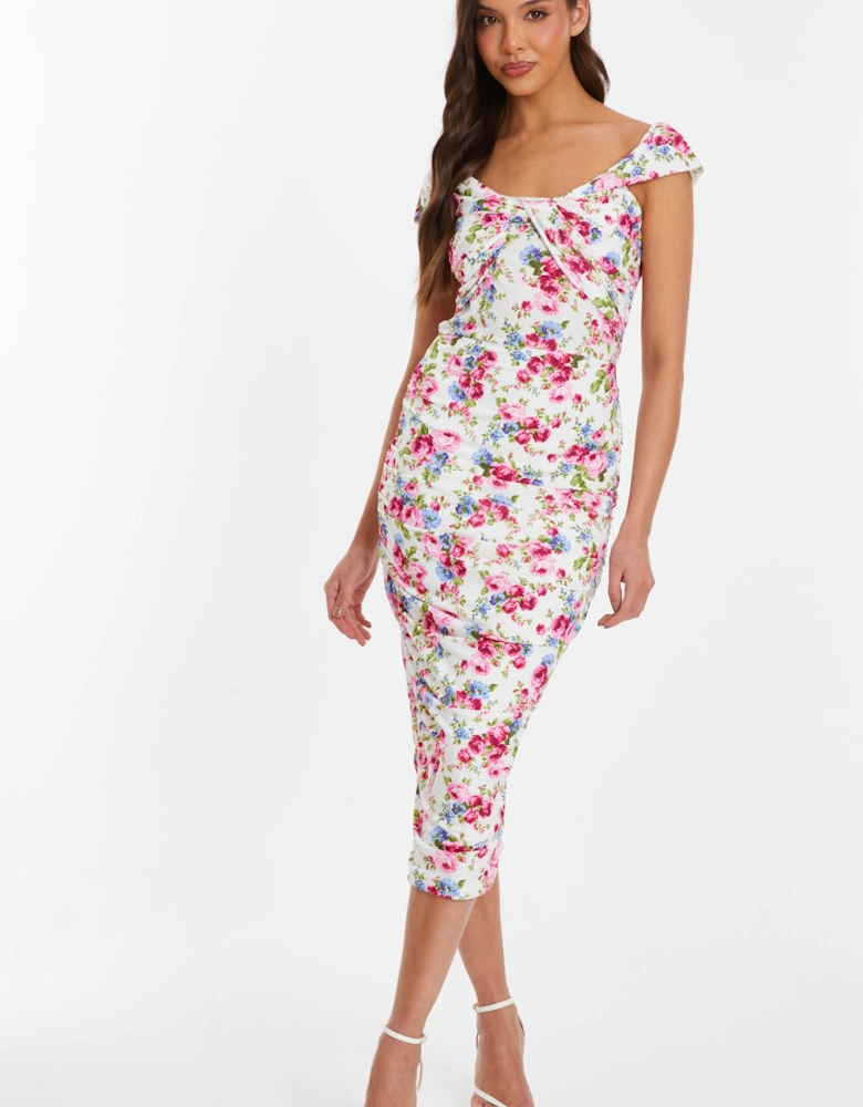 Off White Floral Bardot Midi Dress