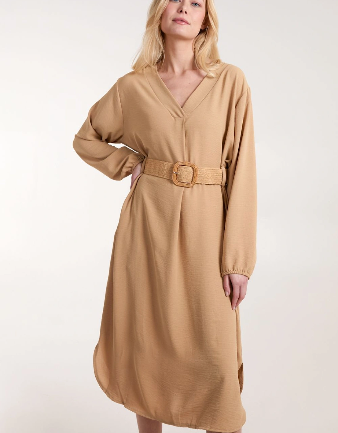 V Neck Long Sleeve Dress With Belt, 2 of 1