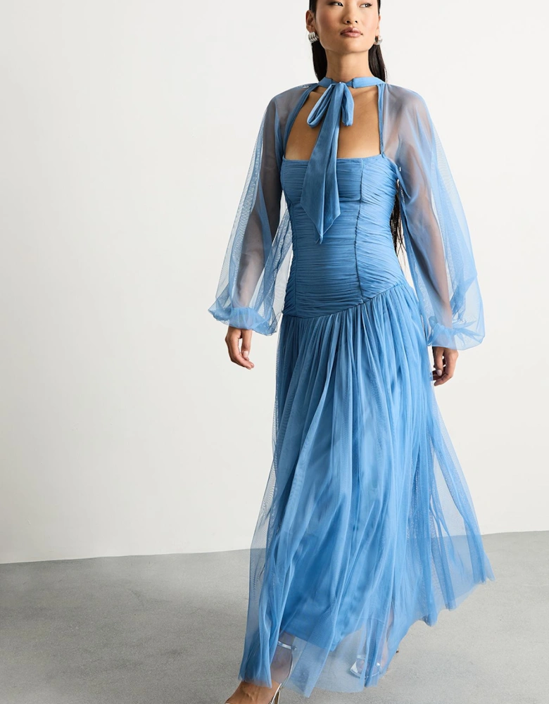 Petite Bow Detail Gathered Tulle Maxi Dress with Open Neck