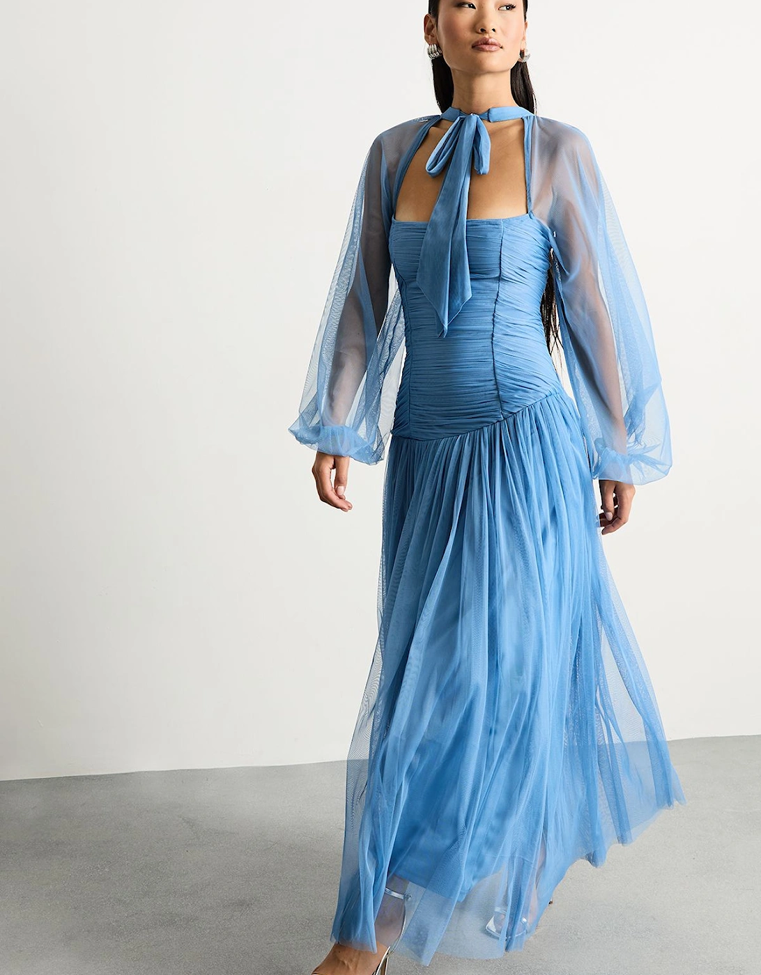 Petite Bow Detail Gathered Tulle Maxi Dress with Open Neck, 2 of 1