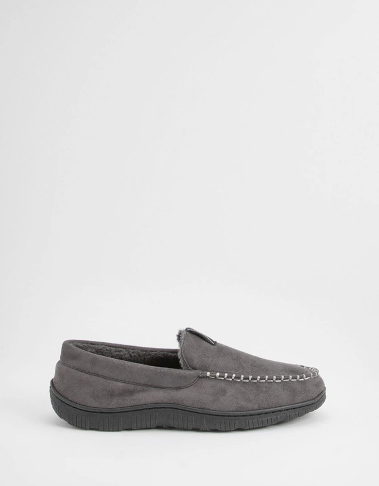 Grey Faux Fur Lined Moccasin Slippers