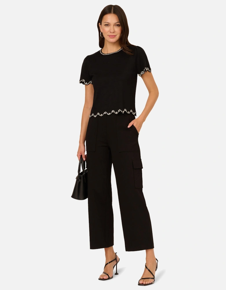 Short Sleeve Cropped Embellished Detail Pullover Sweater