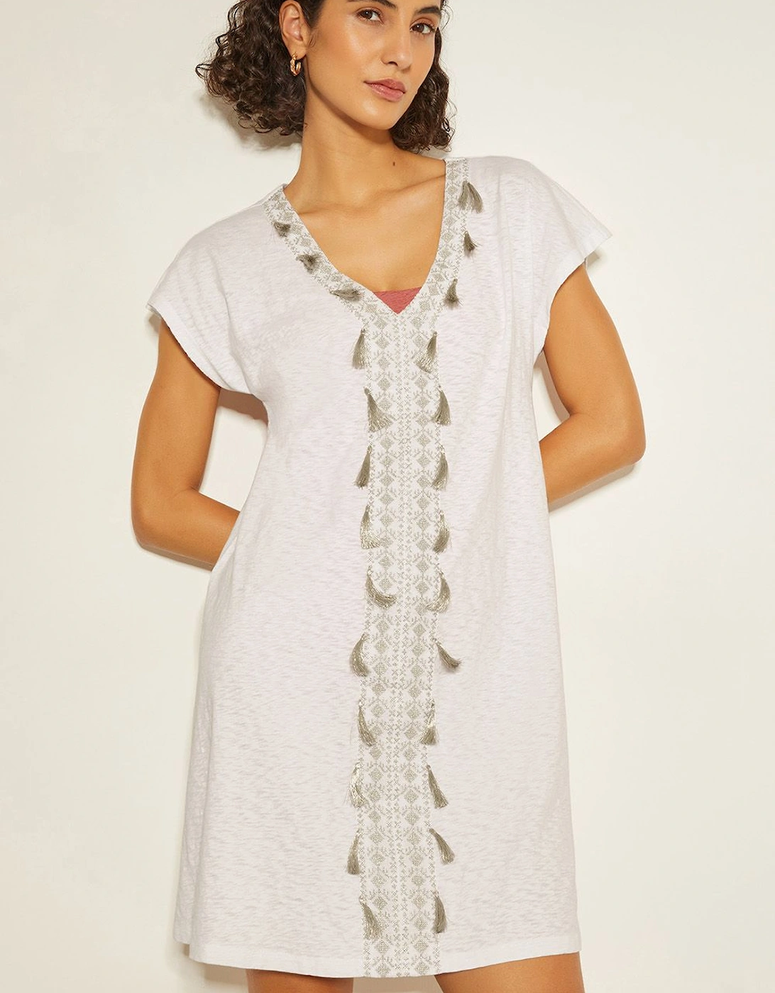 Jodie Tassel Beach Tunic Mini Dress White, 2 of 1