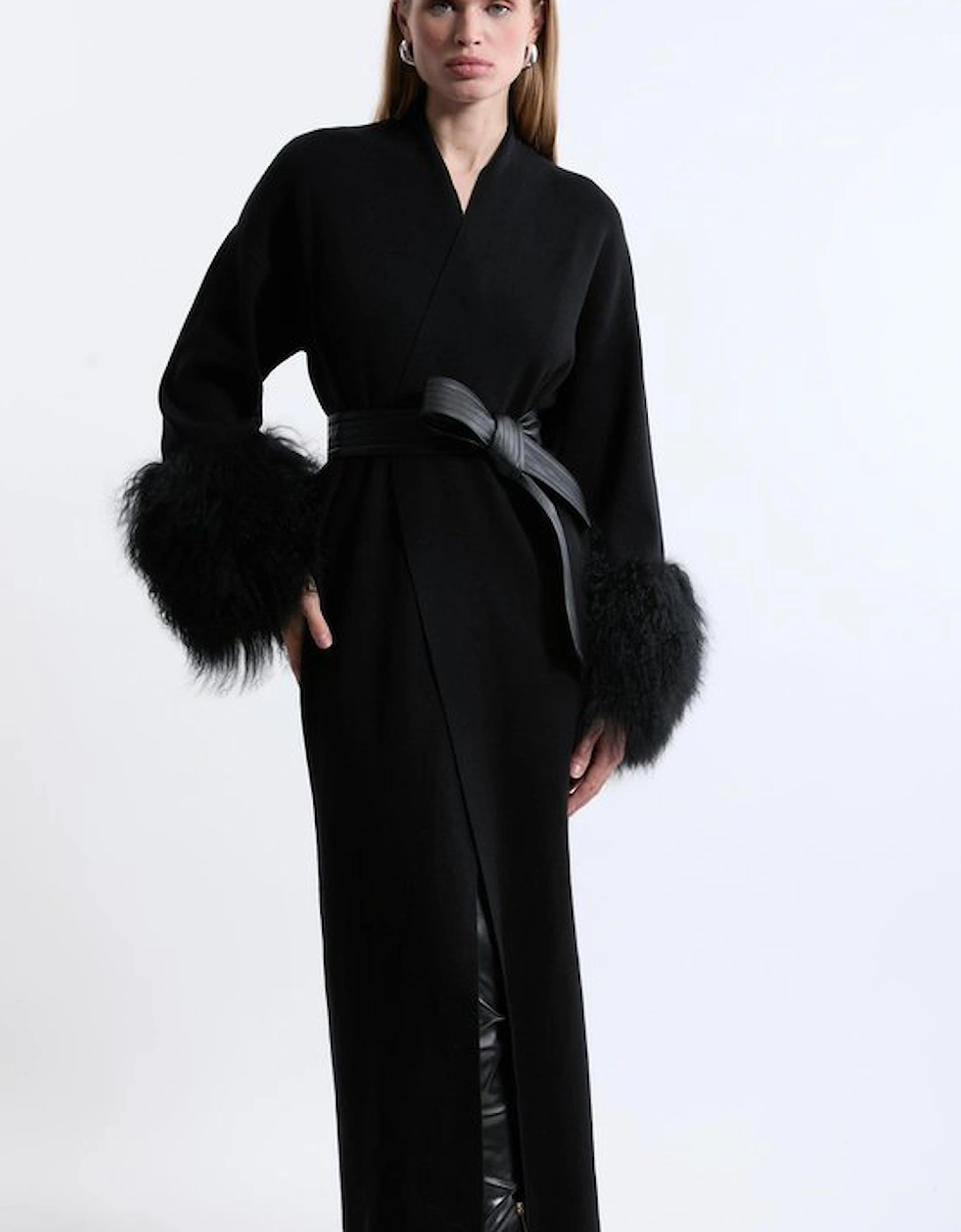 Viscose Blend Compact Knit Shealing Cuff Belted Coatigan, 5 of 4