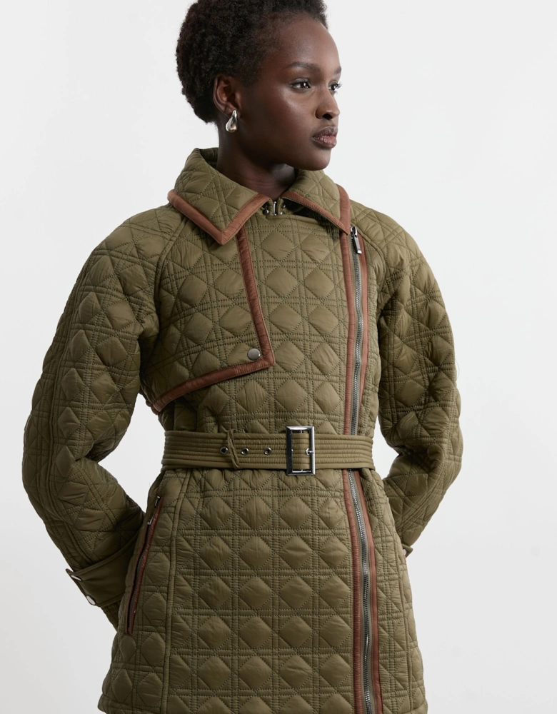 Petite Diamond Quilted Belted Short Puffer Pu Tab Trench Jacket