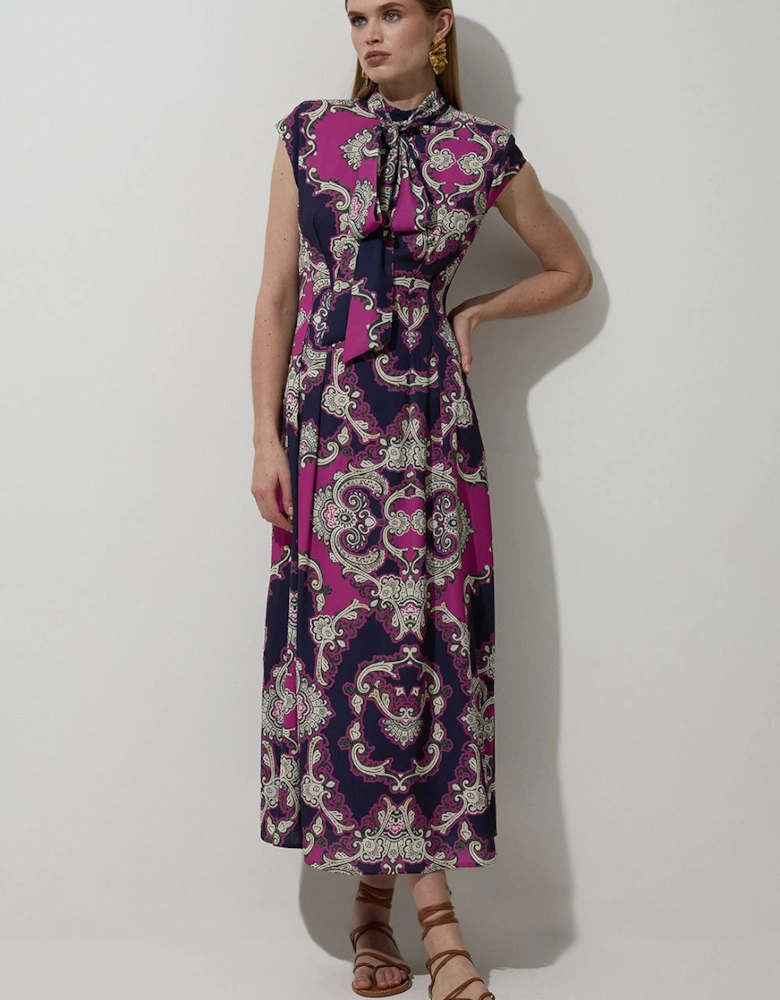 Tile Print Georgette Woven Sleeveless Pleated Maxi Dress