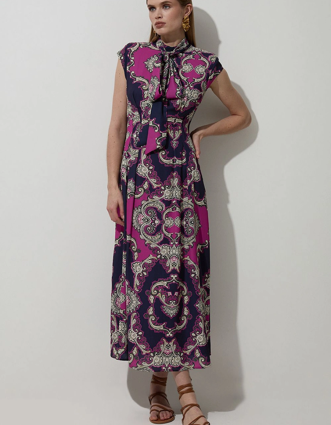 Tile Print Georgette Woven Sleeveless Pleated Maxi Dress, 2 of 1