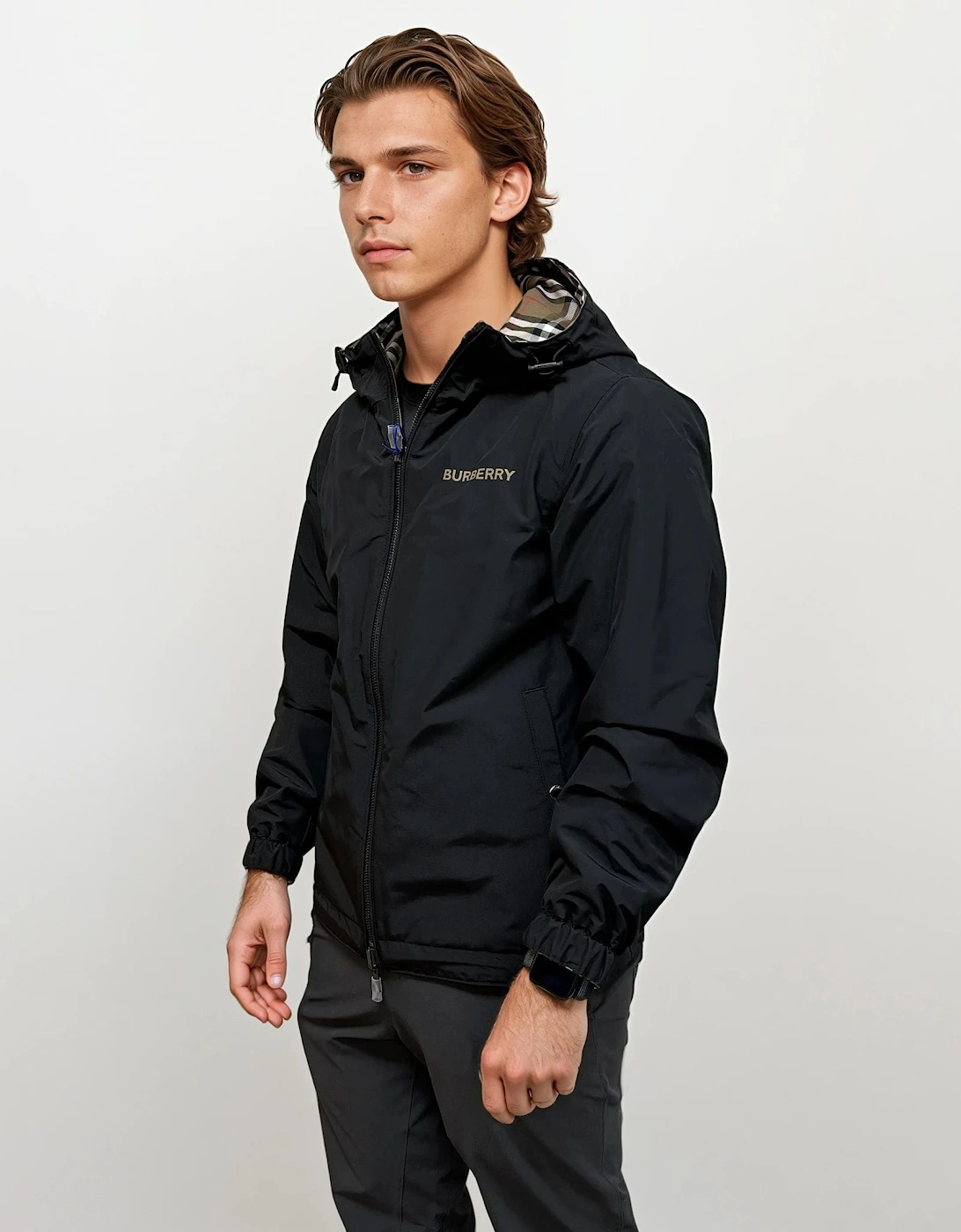 'Stanford' Zip-Up Check Reversible Hooded Jacket Black & Check