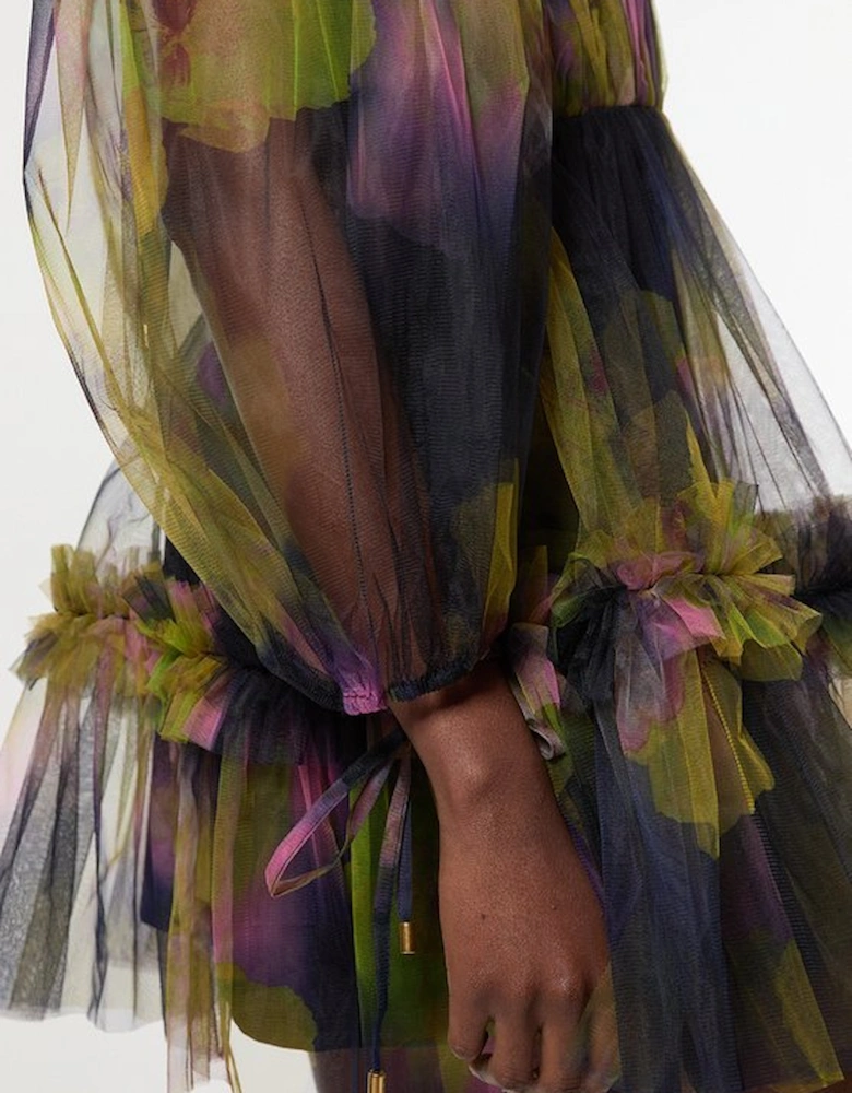 Floral Tulle Plunge Woven Mini Dress