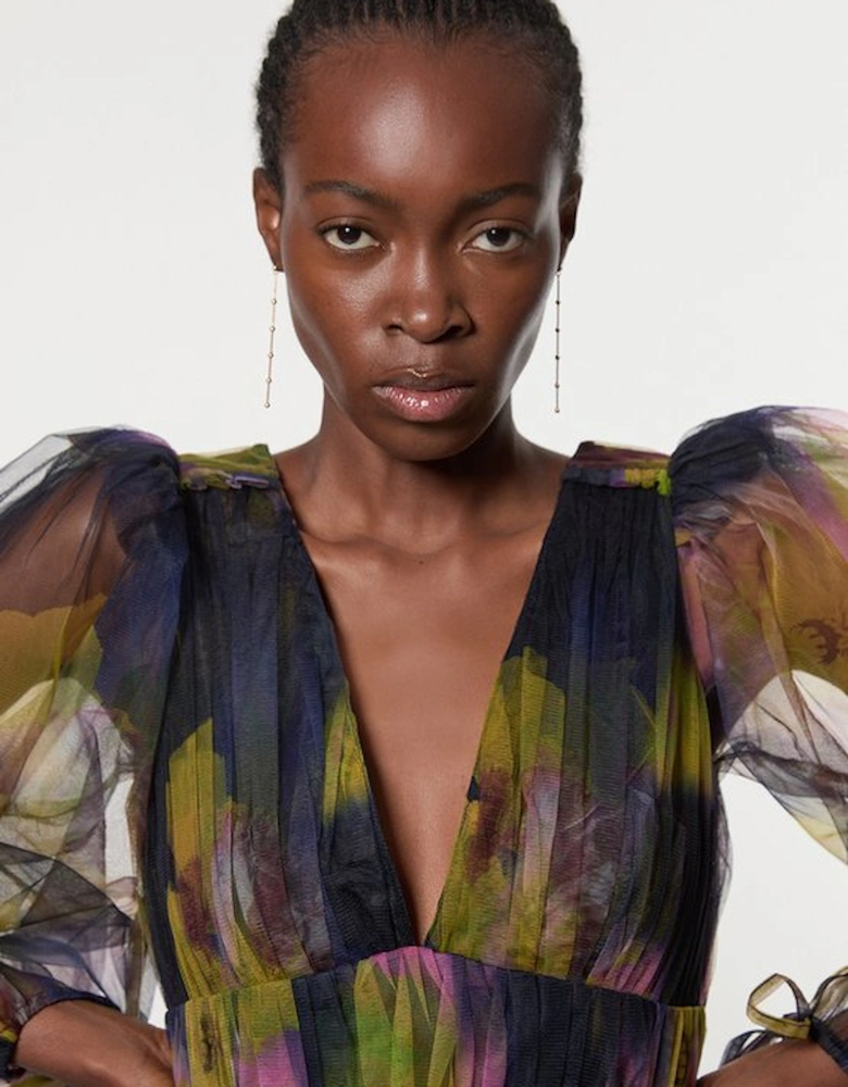 Floral Tulle Plunge Woven Mini Dress