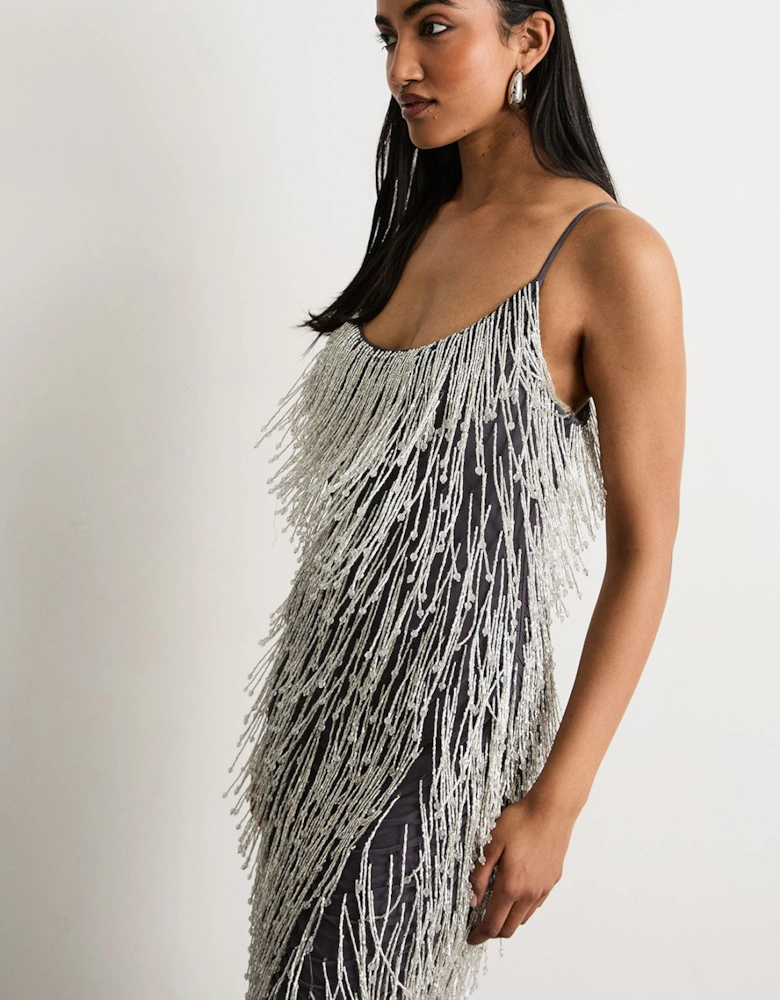 Hand Embellished Sequin Tassel Midi Dress