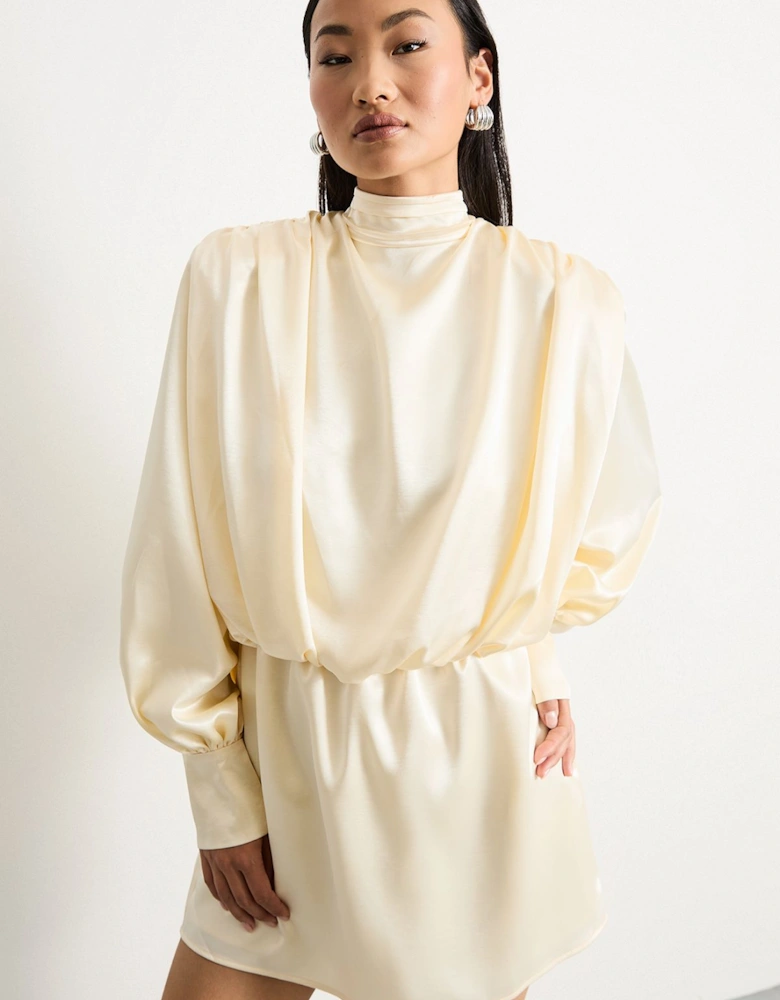 Petite Extreme Shoulder Draped Satin Mini Dress