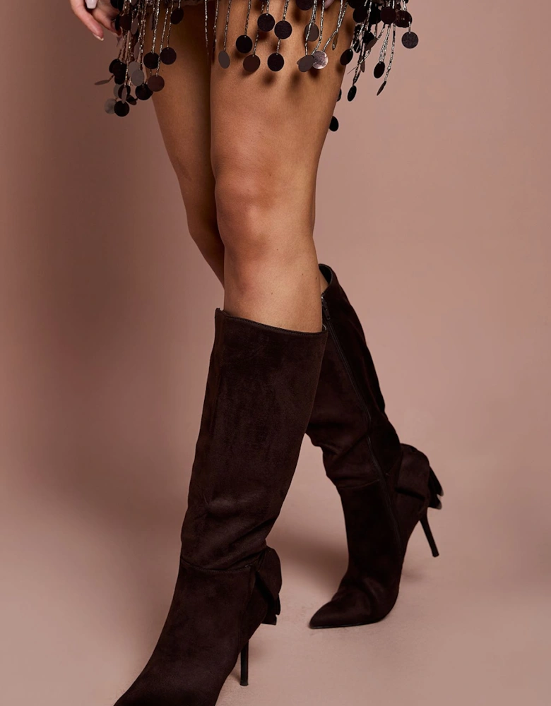 Natasha Faux Suede Bow Back High Stiletto Heeled Knee Boots