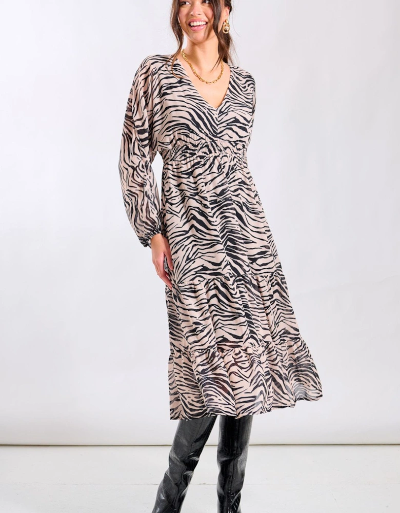 Mono Animal Tiered Chiffon Midi Dress