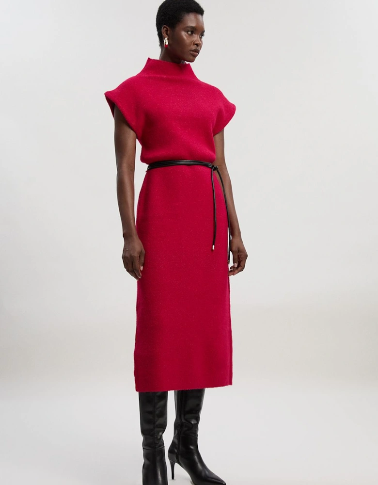 Wool Blend Cosy Knit Belted Midi Dress