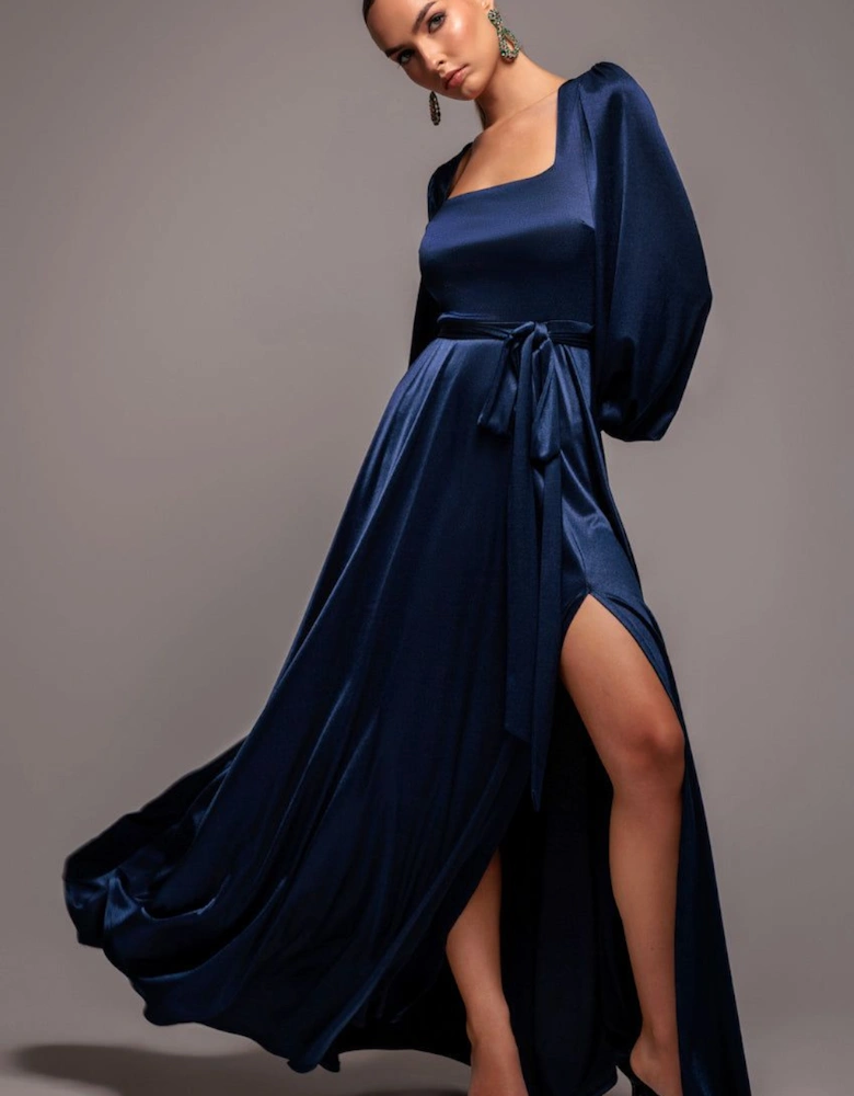 Satin Square Neck Bishop Sleeve A Line Maxi Dress