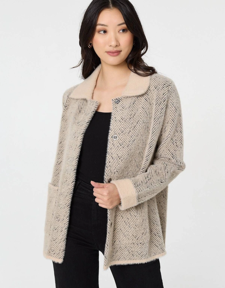 Chevron Texture Faux Fur Boxy Jacket