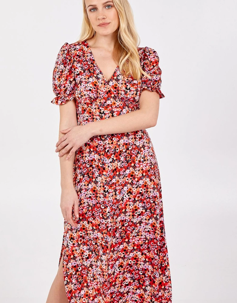 Puff Frill Sleeve V-neck Midi Dress