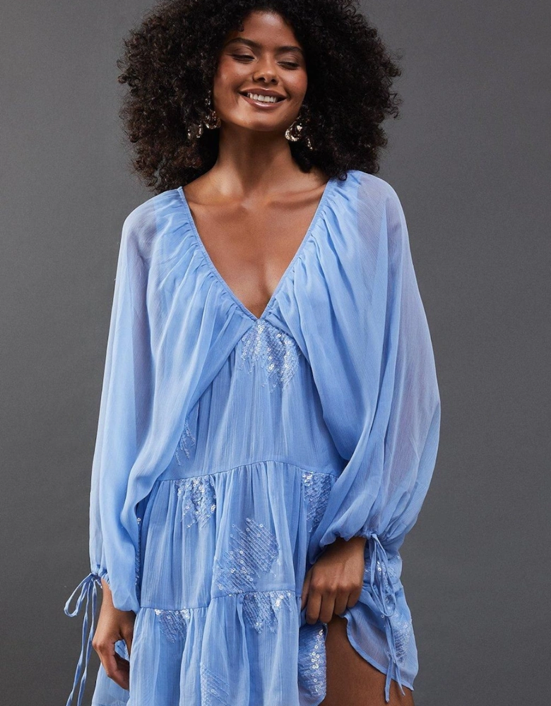 Sequin Embellished Volume Sleeve Mini Smock Dress