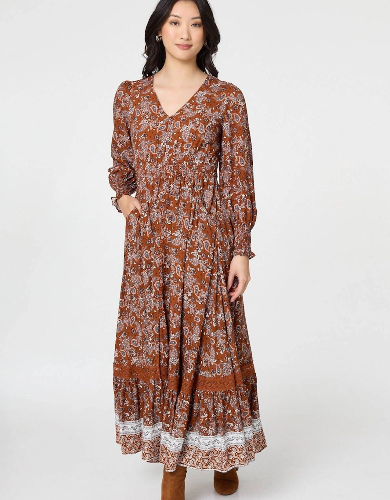 Paisley Shirred Lace Trim Maxi Dress