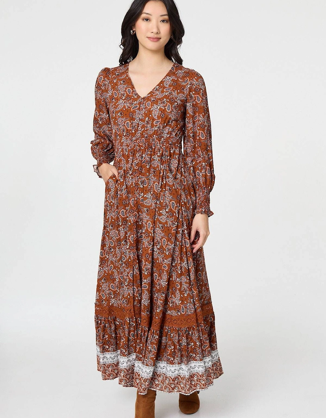 Paisley Shirred Lace Trim Maxi Dress, 2 of 1