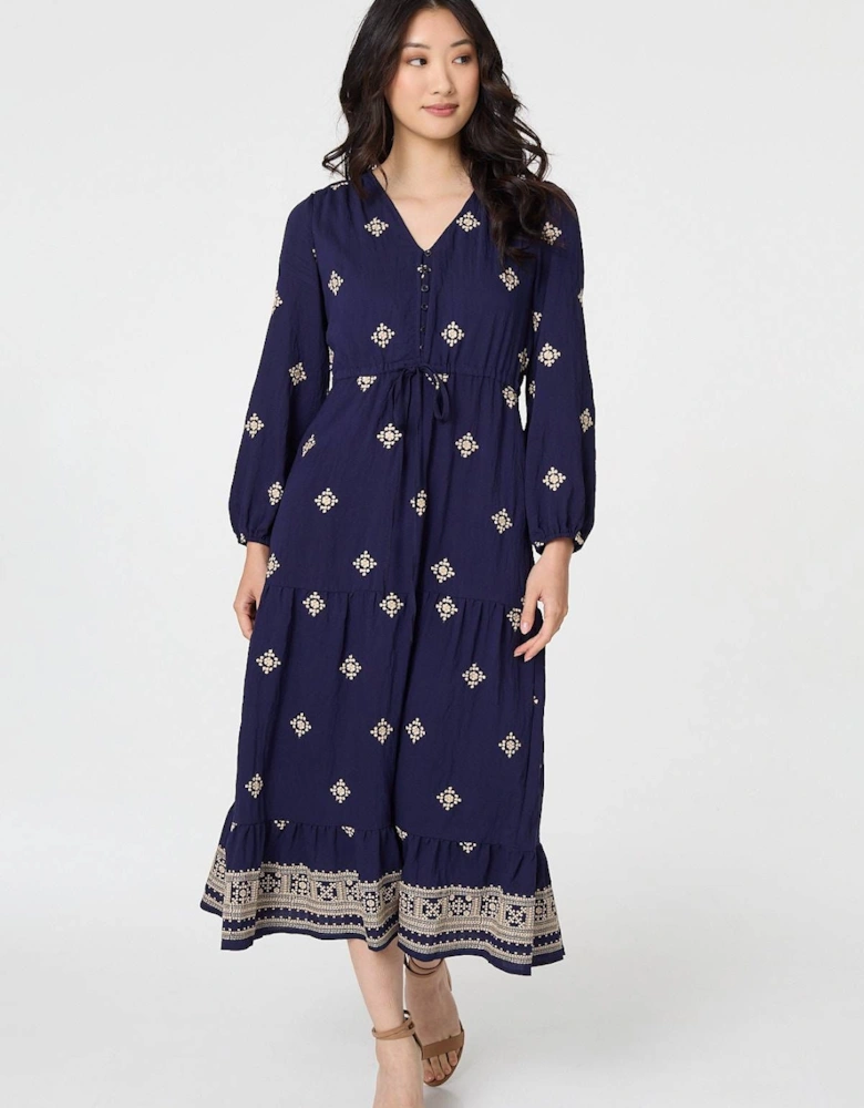 Border Print Long Sleeve Midi Dress