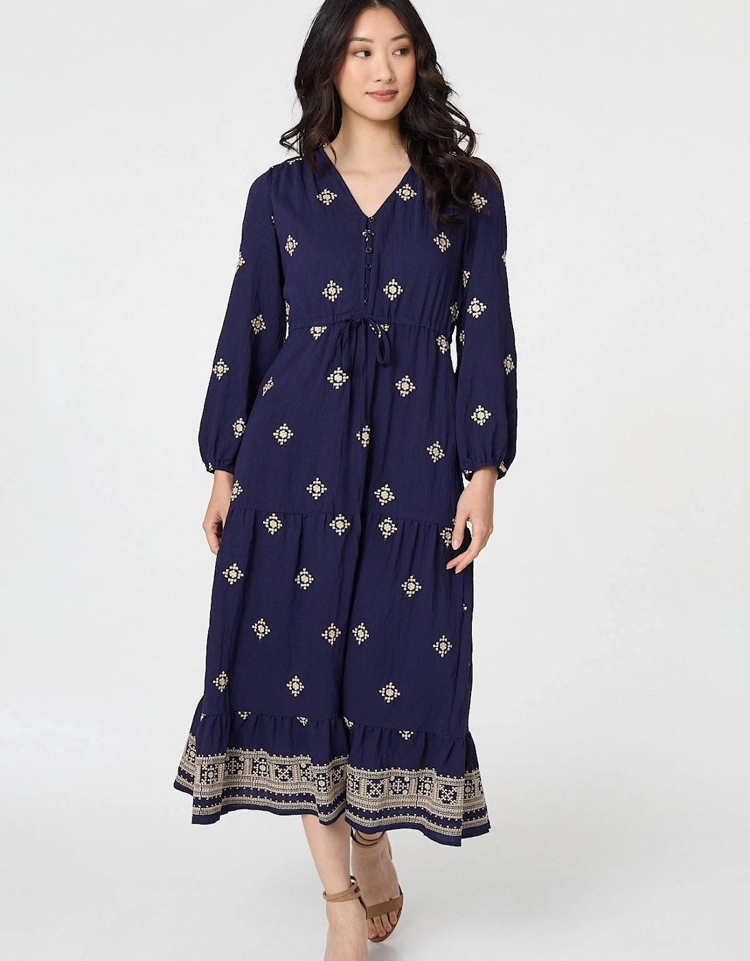 Border Print Long Sleeve Midi Dress, 2 of 1