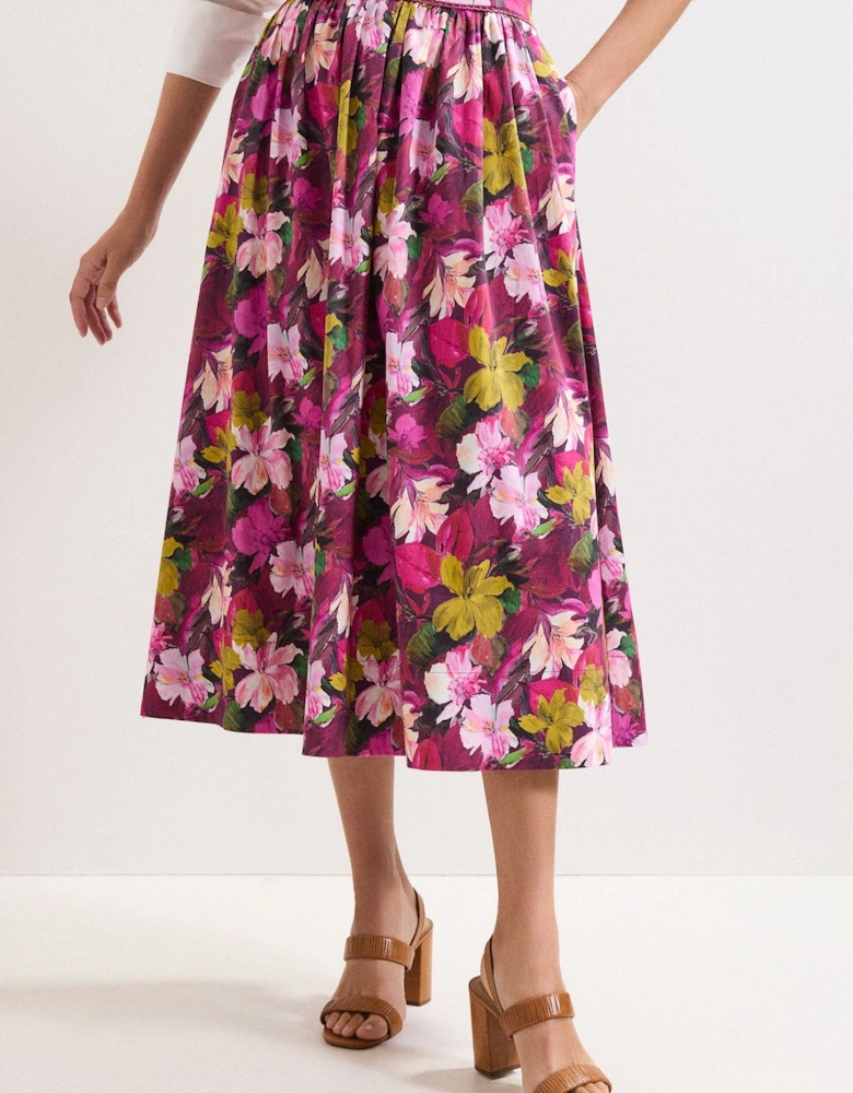 Arina Floral Poplin Lace Trim Midi Skirt Floral