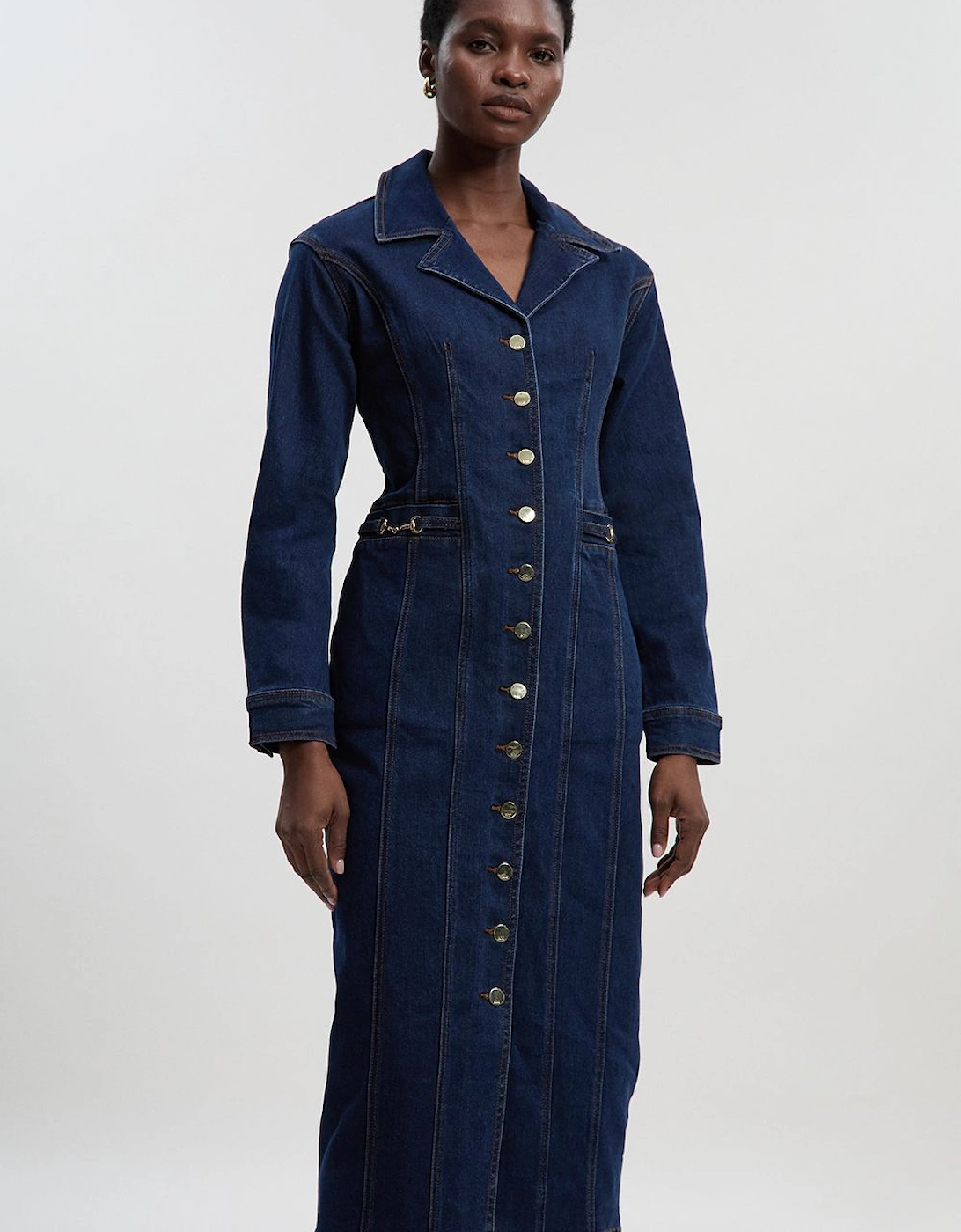 Denim Collared Pencil Midi Dress, 2 of 1