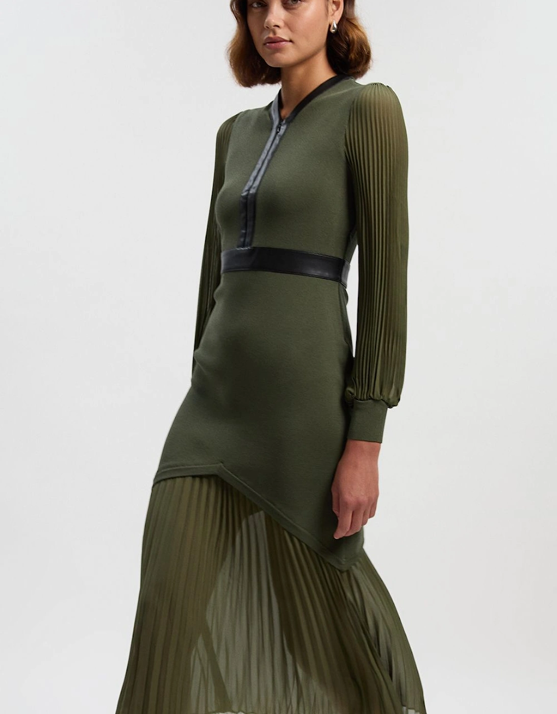 Woven Sleeved Pleated Dress With Pu, 2 of 1